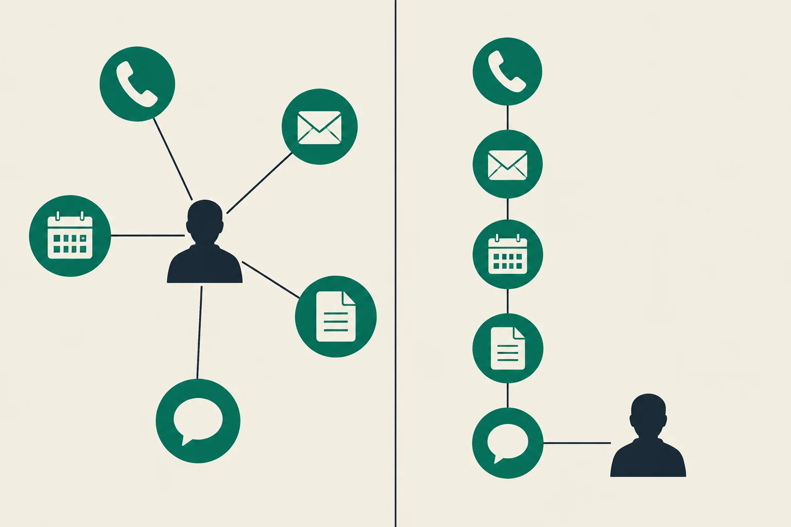 À esquerda, chamadas, e-mails, mensagens e marcações convergem de todos os lados para uma pessoa. À direita, os mesmos pedidos em fila numa coluna ordenada.