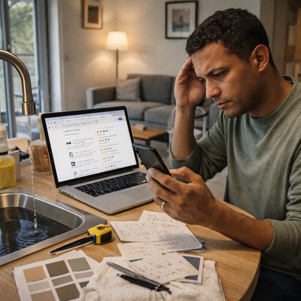 A Luxembourg resident searching online for a service provider, surrounded by quotes and handwritten notes