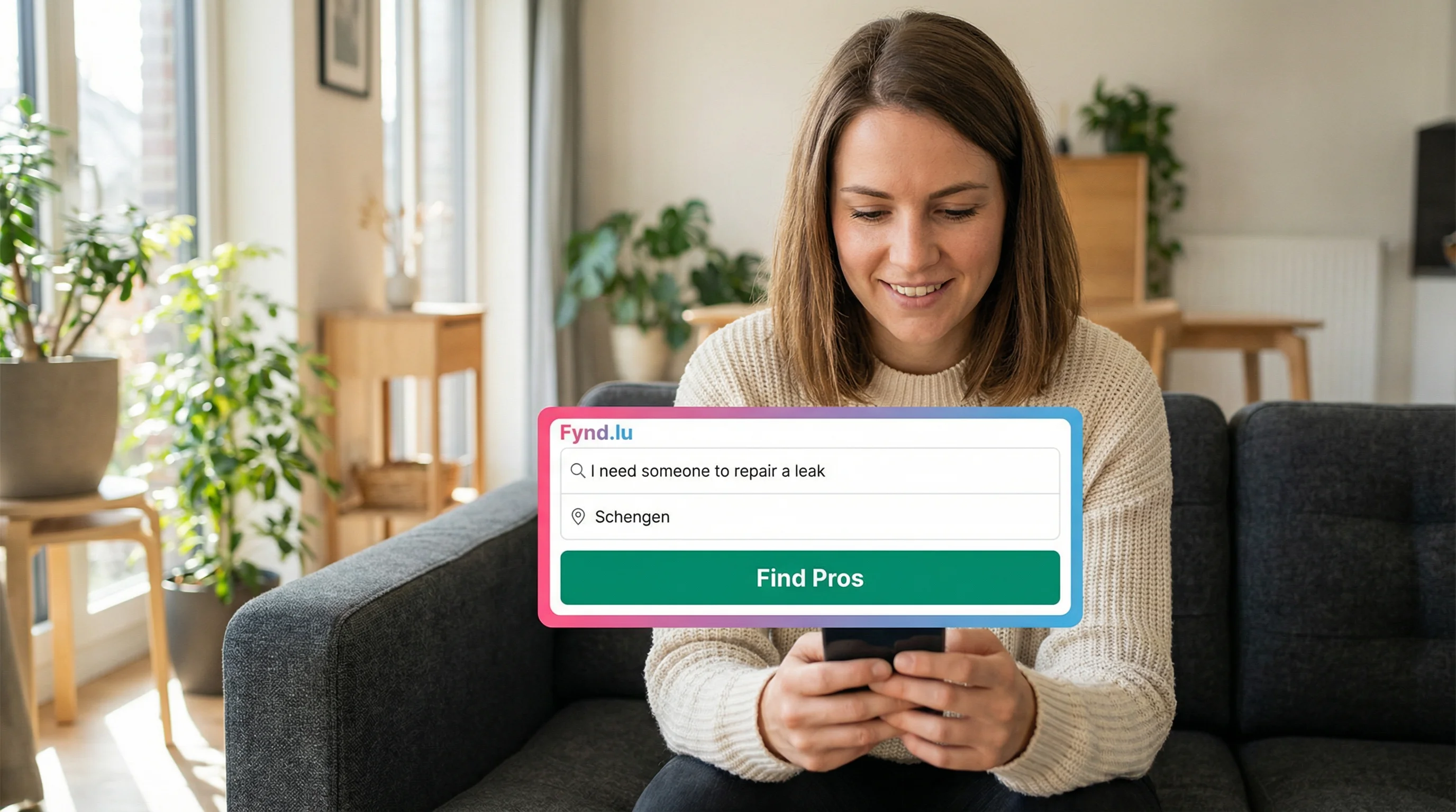 Woman searching for local service providers on Fynd.lu