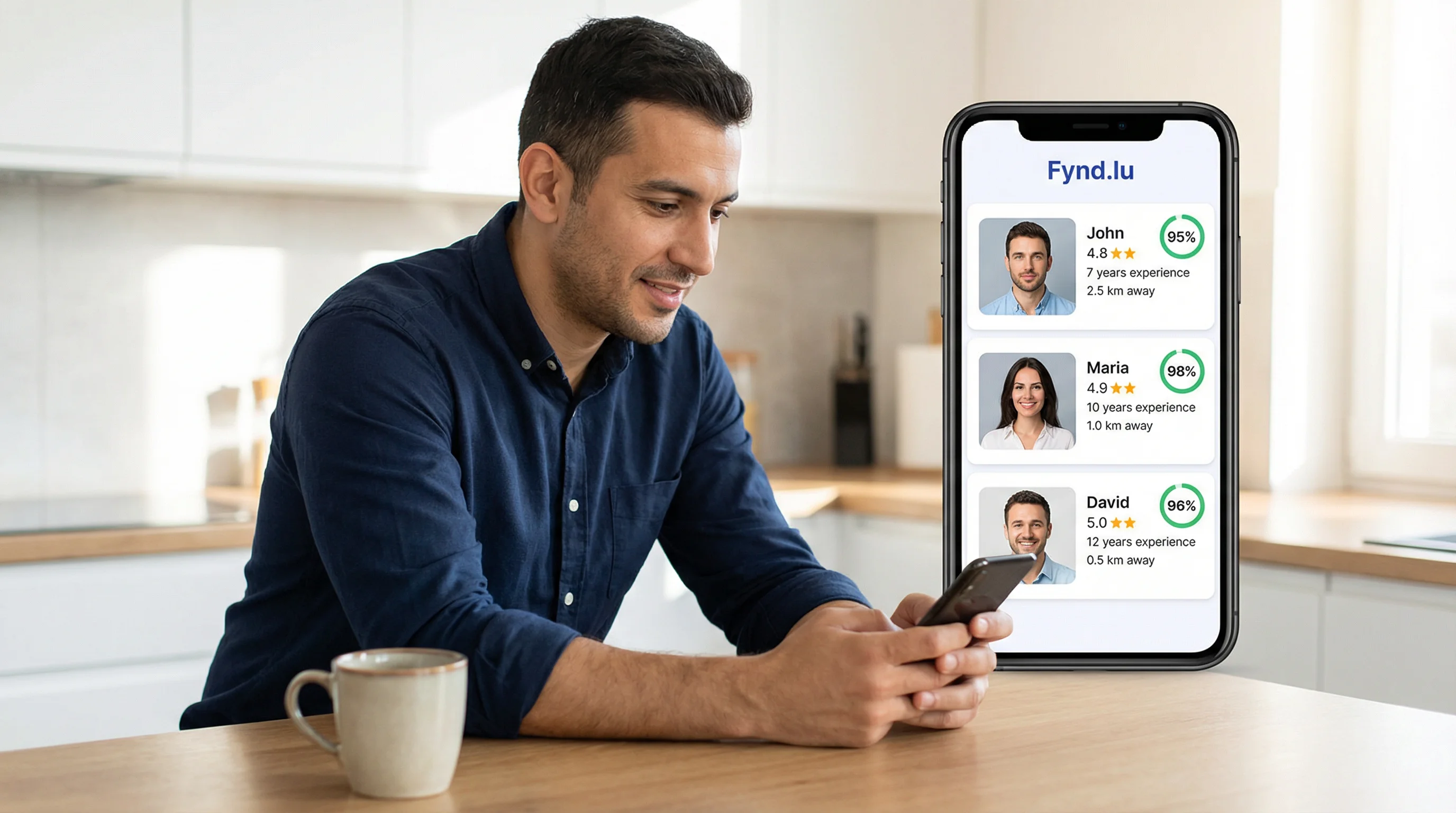 Man reviewing matched service providers on Fynd.lu