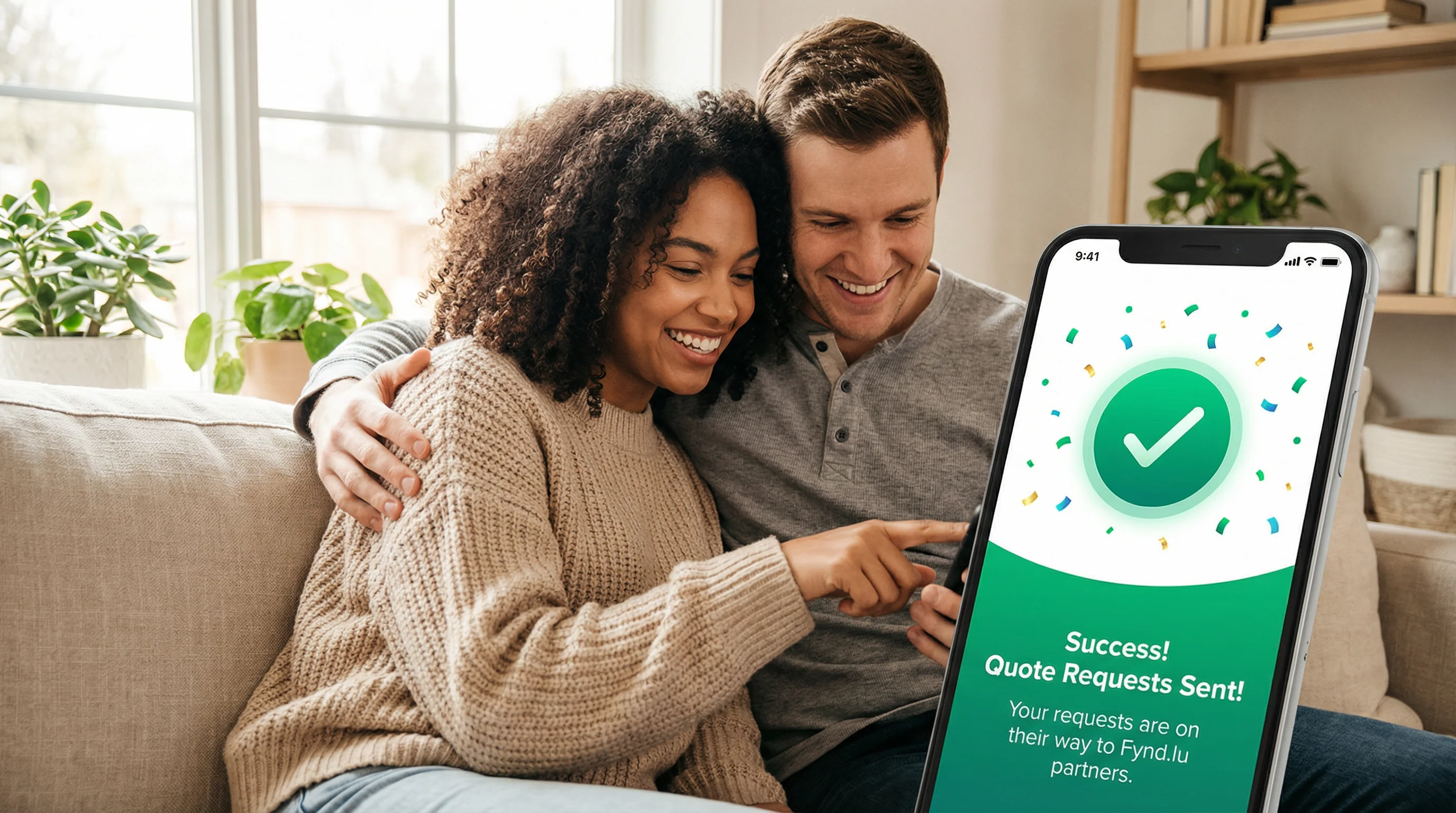 Couple celebrating successful quote requests sent on Fynd.lu