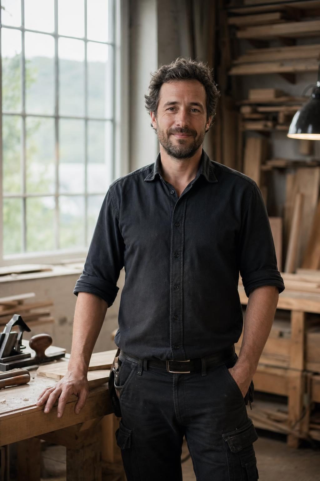 A carpenter standing in his workshop.