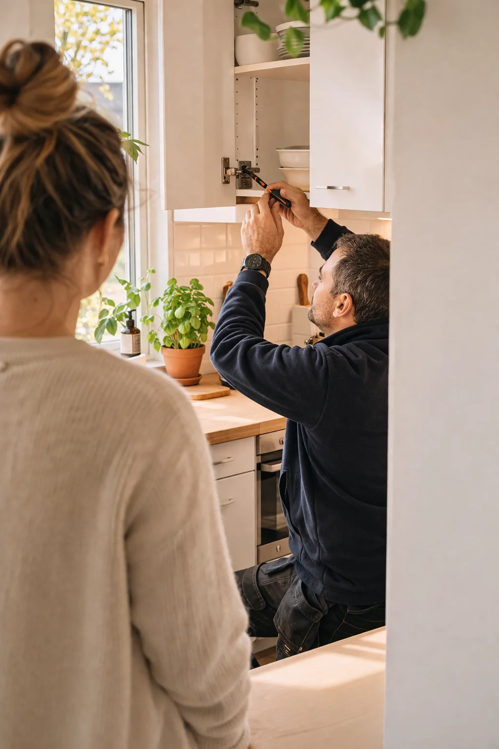 Homeowner preparing tools in an apartment while family life continues in the background