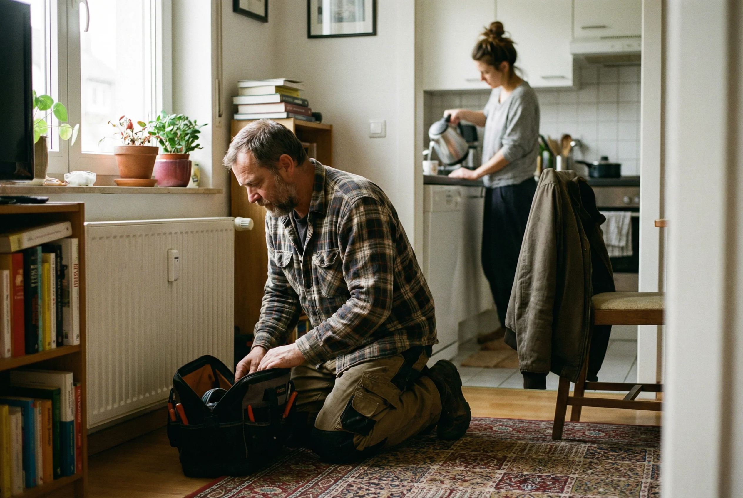 Homeowner preparing tools in an apartment while family life continues in the background